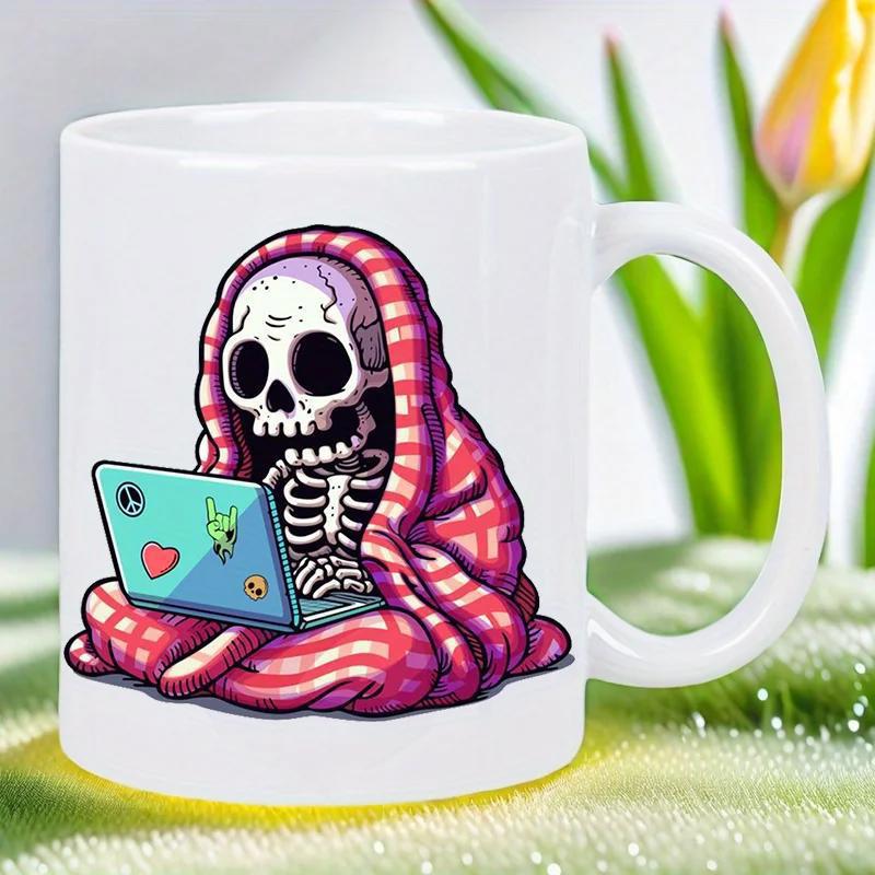 Tailorly White Ceramic 11 oz Mug - Wrapped In Red Striped Blanket Working On A Blue Laptop Skeleton