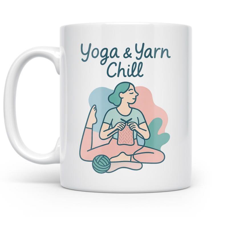 Tailorly White Ceramic 11 oz Mug - Yoga Yarn Chill Peaceful Lady Knitting In Yoga Pose Surrounded By Colorful Abstract Elements Knitting Woman