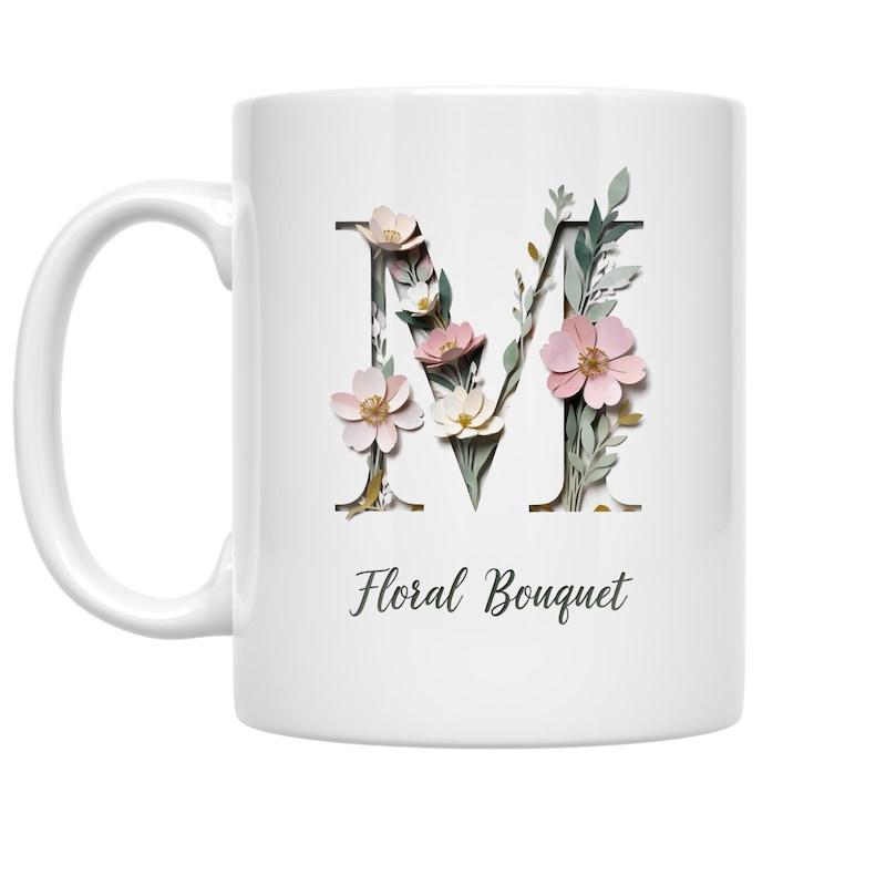 Tailorly White Ceramic 11 oz Mug - Floral Bouquet Delicate Pink Flowers With Green Leaves Intricately Decorating A Serene Capital Letter