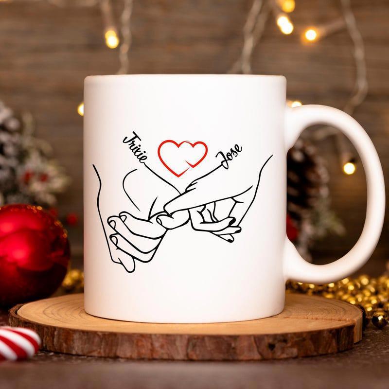 Tailorly White Ceramic 11 oz Mug - Tracie Jose Minimalist Black Line Art Making A Pinky Promise With Heart Hand