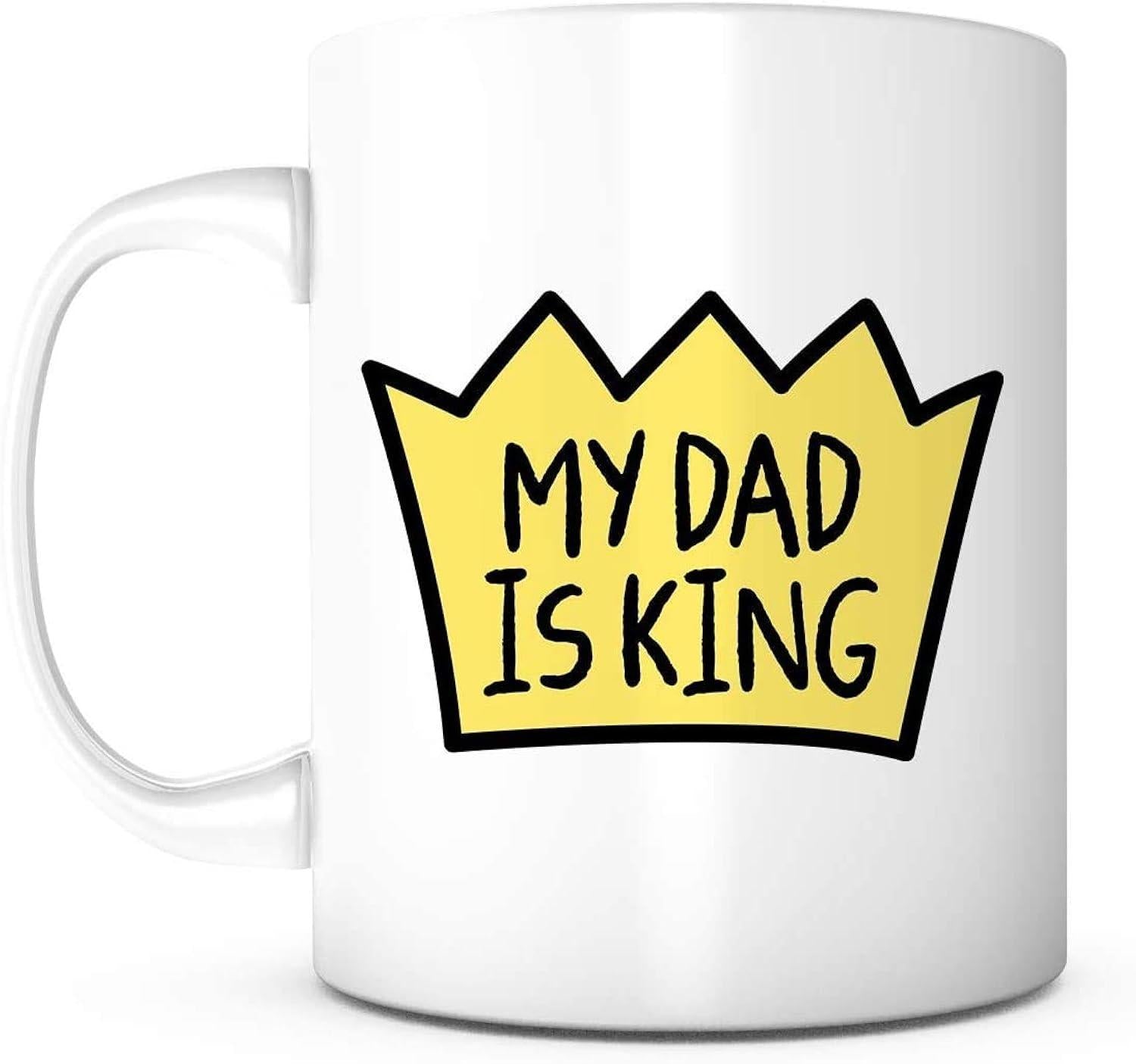 Tailorly White Ceramic 11 oz Mug - My Dad Is King Simple Hand Drawn Yellow Royal Emblem With Thick Outlines Crown