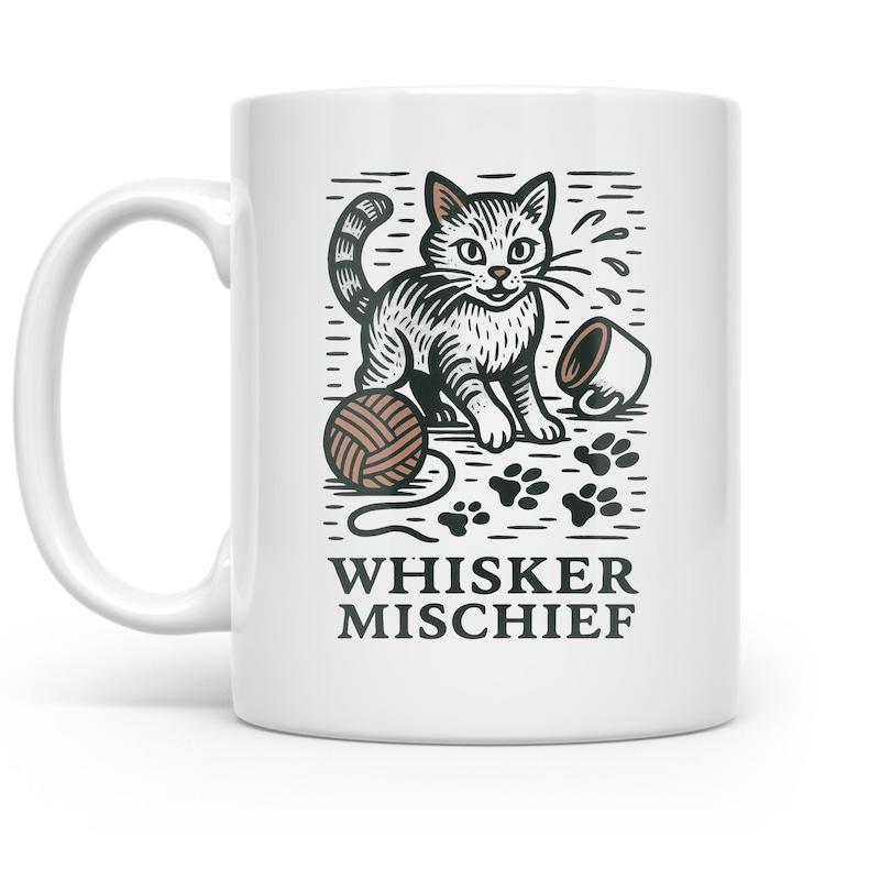 Tailorly White Ceramic 11 oz Mug - Whisker Mischief Playful Striped Kitten Standing Beside Yarn Ball And Spilled Coffee Cat