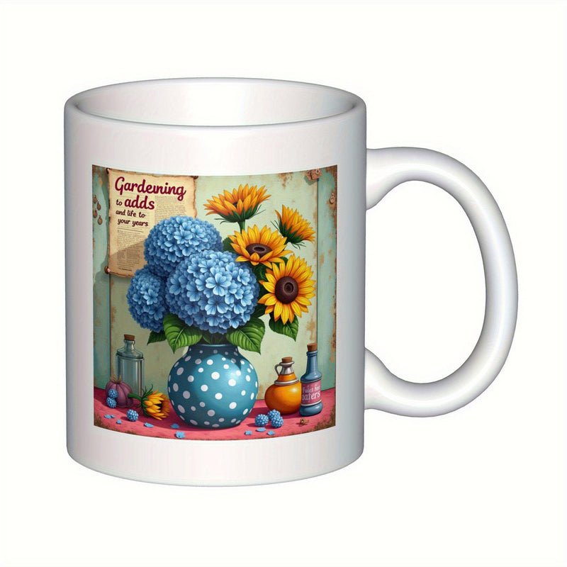 Tailorly White Ceramic 11 oz Mug - Gardening Adds Life To Your Years Beautiful Blue Hydrangeas And Yellow Sunflowers Inside Polka Dot Vase