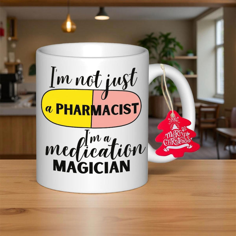 Tailorly White Ceramic 11 oz Mug - Im Not Just A Pharmacist Im A Medication Magician Colorful Yellow And Pink Medicine Tablet Within Minimalist Artistic Style