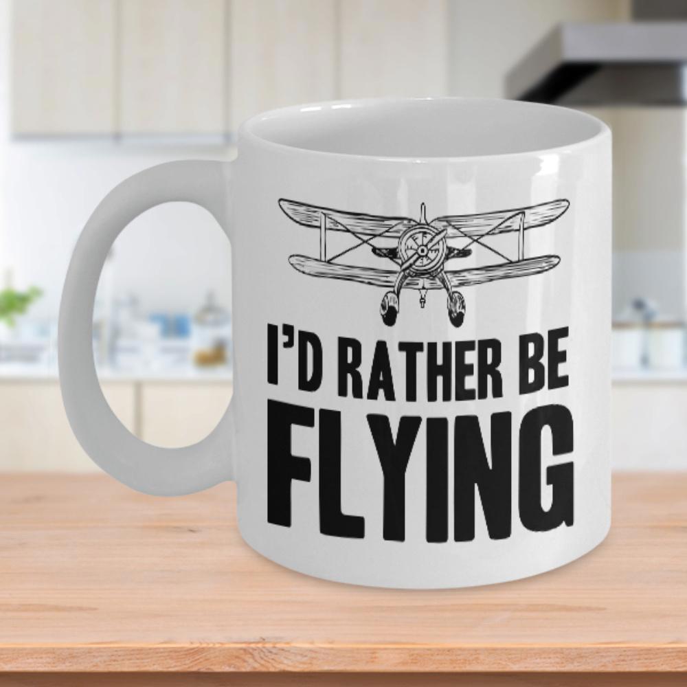 Tailorly White Ceramic 11 oz Mug - I'd Rather Be Flying Vintage Propeller Biplane Soaring Through Clear Skies With Classic Detailed Wings Airplane
