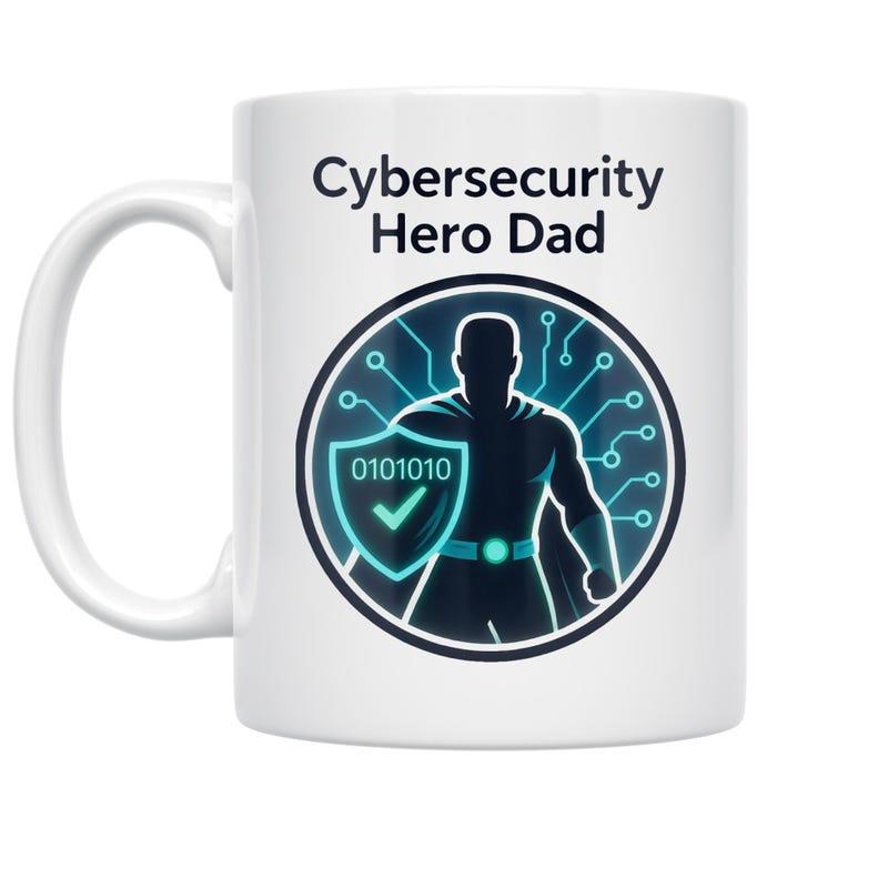 Tailorly White Ceramic 11 oz Mug - Cybersecurity Hero Dad Silhouette Holding Digital Shield With Glowing Circuit Board Lines Pattern Hero