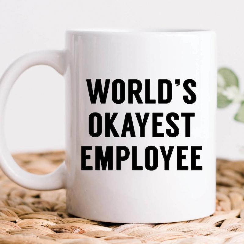Tailorly White Ceramic 11 oz Mug - Worlds Okayest Employee Minimalist Bold Black Text Printed On Smooth White Finish Mug