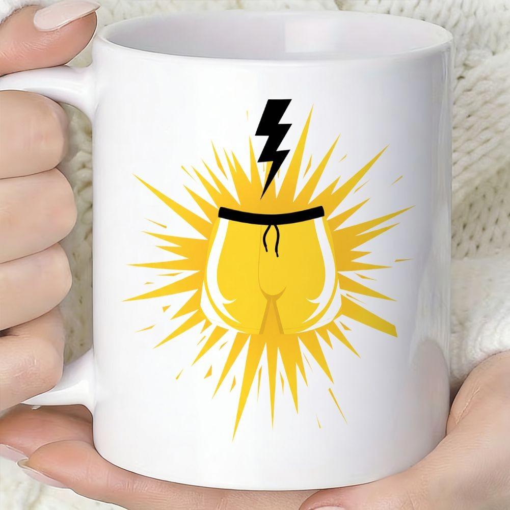 Tailorly White Ceramic 11 oz Mug - Vibrant Yellow Trunks With Black Lightning Bolt Among Radiant Sunburst Shorts