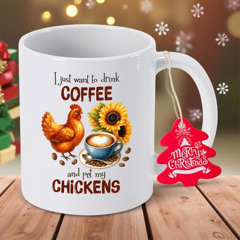 Tailorly White Ceramic 11 oz Mug - I Just Want To Drink Coffee And Pet My Chickens Rustic Brown Hen Among Sunflowers Beside Steaming Hot Cup Of Coffee Chicken