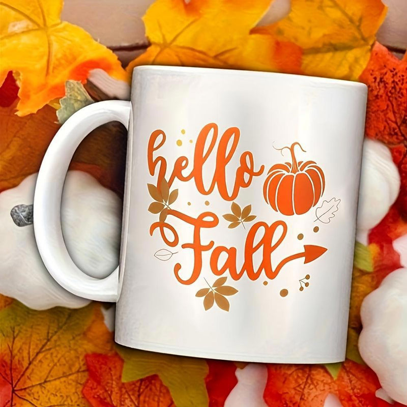 Tailorly White Ceramic 11 oz Mug - Hello Fall Rustic Seasonal Harvest Design Surrounded By Falling Autumn Leaves Pumpkin