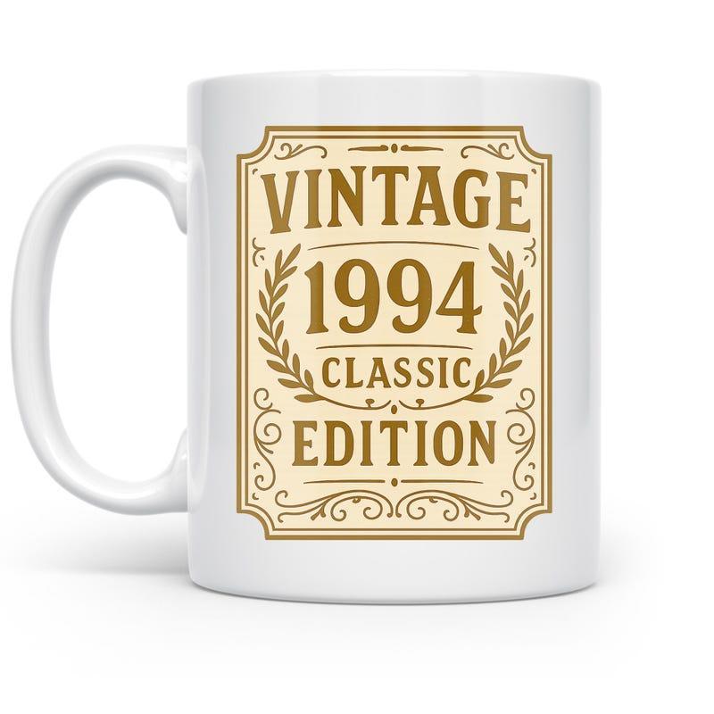 Tailorly White Ceramic 11 oz Mug - Vintage 1994 Classic Edition Elegant Golden Laurel Wreaths Within An Ornate Decorative Vintage Label