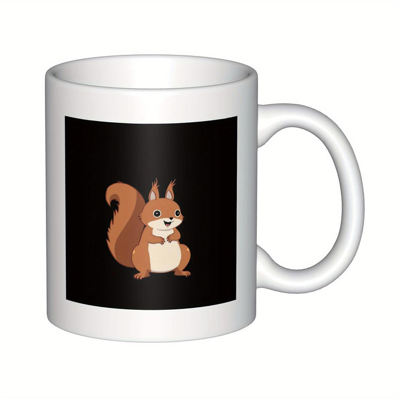 Tailorly White Ceramic 11 oz Mug - Adorable Little Brown Animal With Fluffy Tail Sitting On Black Background Squirrel