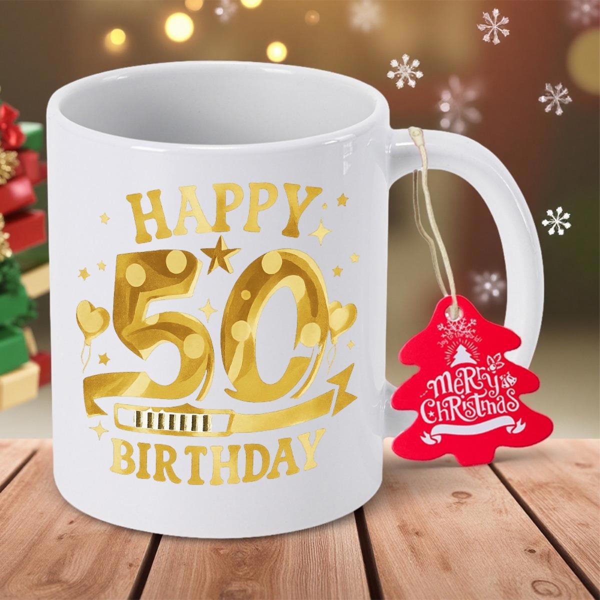 Tailorly White Ceramic 11 oz Mug - Happy Birthday Golden Numbers Shining With Decorative Stars And Elegant Confetti Accents Mug