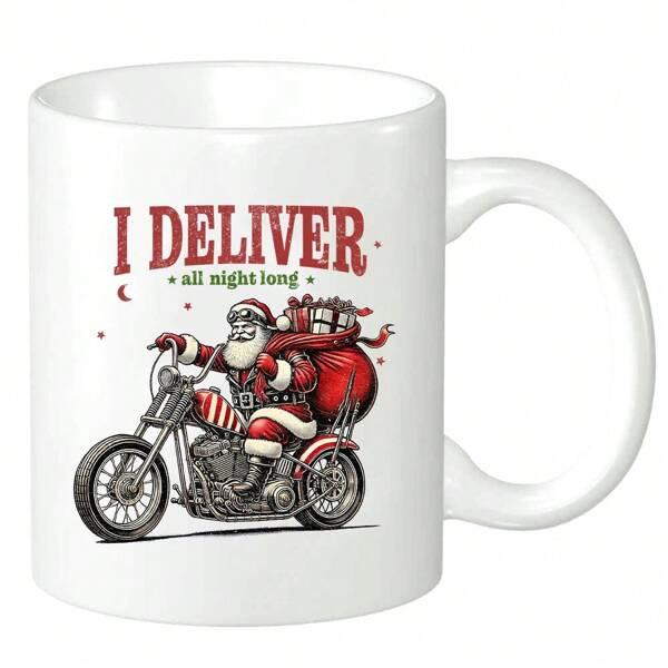Tailorly White Ceramic 11 oz Mug - I Deliver All Night Long Festive Santa Claus Riding A Vintage Chopper Carrying Gifts Motorcycle