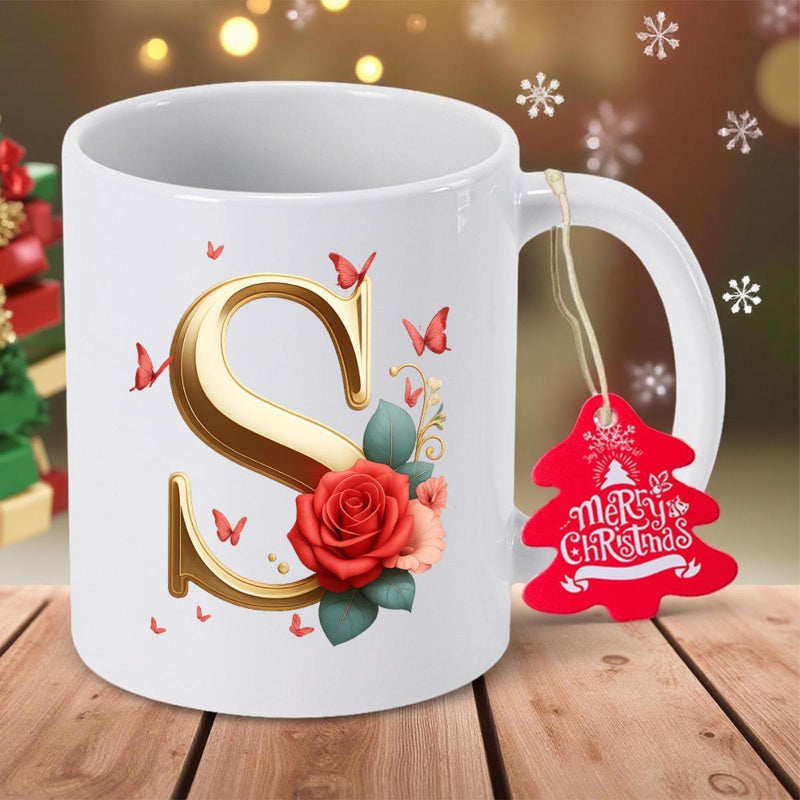 Tailorly White Ceramic 11 oz Mug - S Elegant Golden Initial Surrounded By Blooming Red Roses And Butterflies Rose