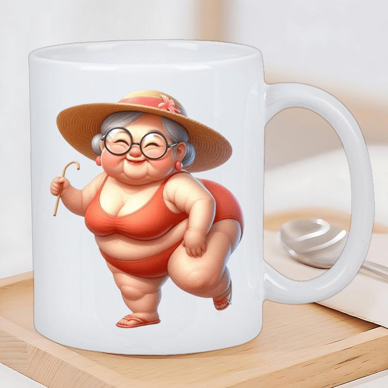 Tailorly White Ceramic 11 oz Mug - Cheerful Elderly Woman In Red Swimsuit Wearing Large Straw Hat Grandmother