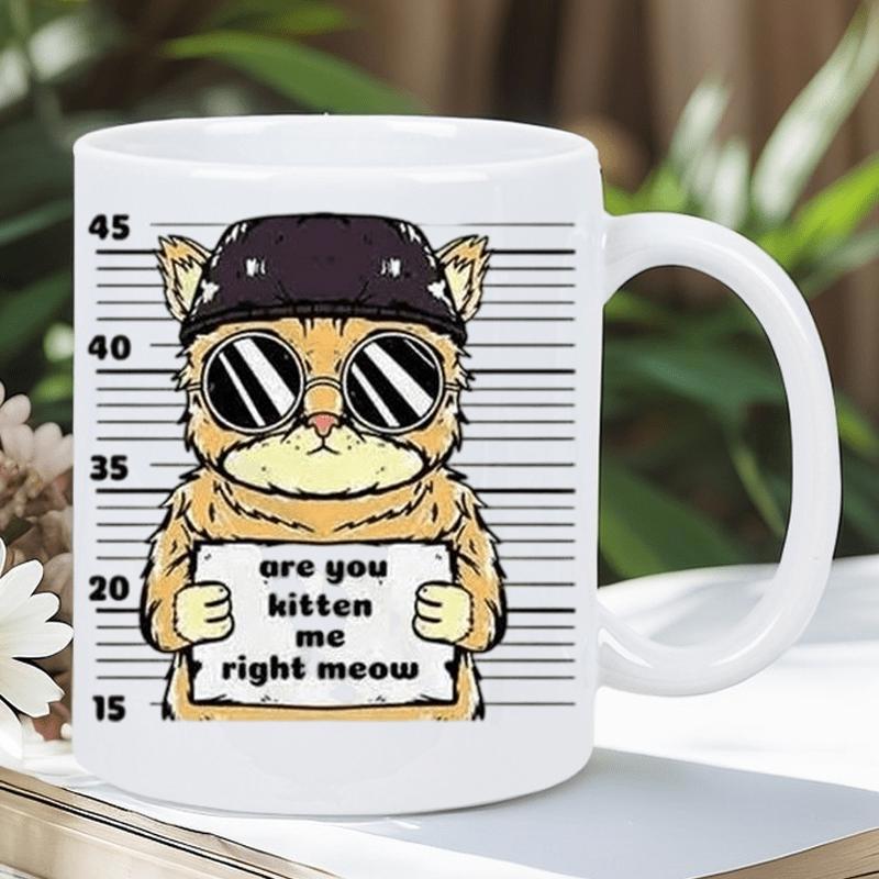 Tailorly White Ceramic 11 oz Mug - Are You Kitten Me Right Meow Tough Little Ginger Feline Wearing Sunglasses And Hat In Police Mugshot Cat