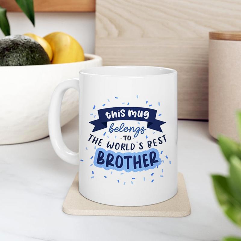 Tailorly White Ceramic 11 oz Mug - This Mug Belongs To The Worlds Best Brother Vibrant Blue Ribbon With Playful Confetti Dots And Hand Lettered Style Mug
