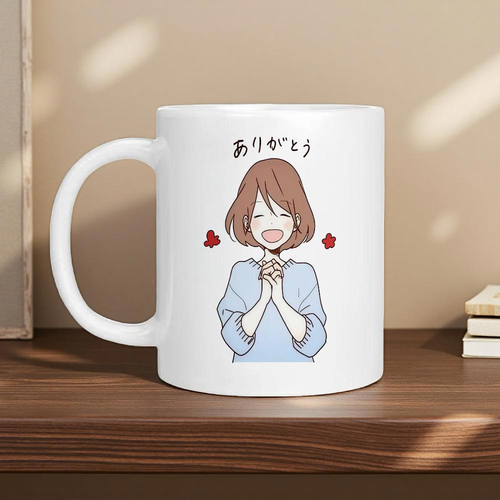 Tailorly White Ceramic 11 oz Mug - Smiling Cartoon Girl With Brown Hair Clasping Hands In Gratitude Girl