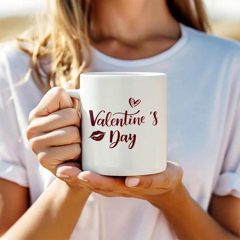Tailorly White Ceramic 11 oz Mug - Valentines Day Elegant Calligraphy Script Featuring Delicate Heart And Red Lip Impression Mug
