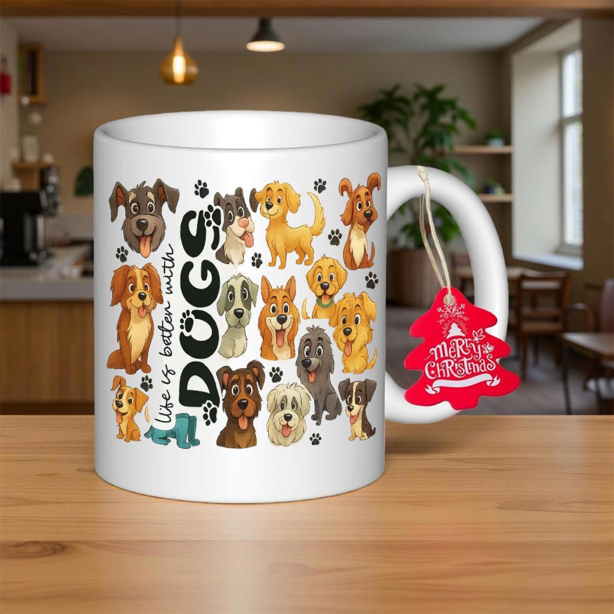 Tailorly White Ceramic 11 oz Mug - Life Is Better With Dogs Adorable Cartoon Canine Breeds With Tiny Paw Prints In Various Poses Dog