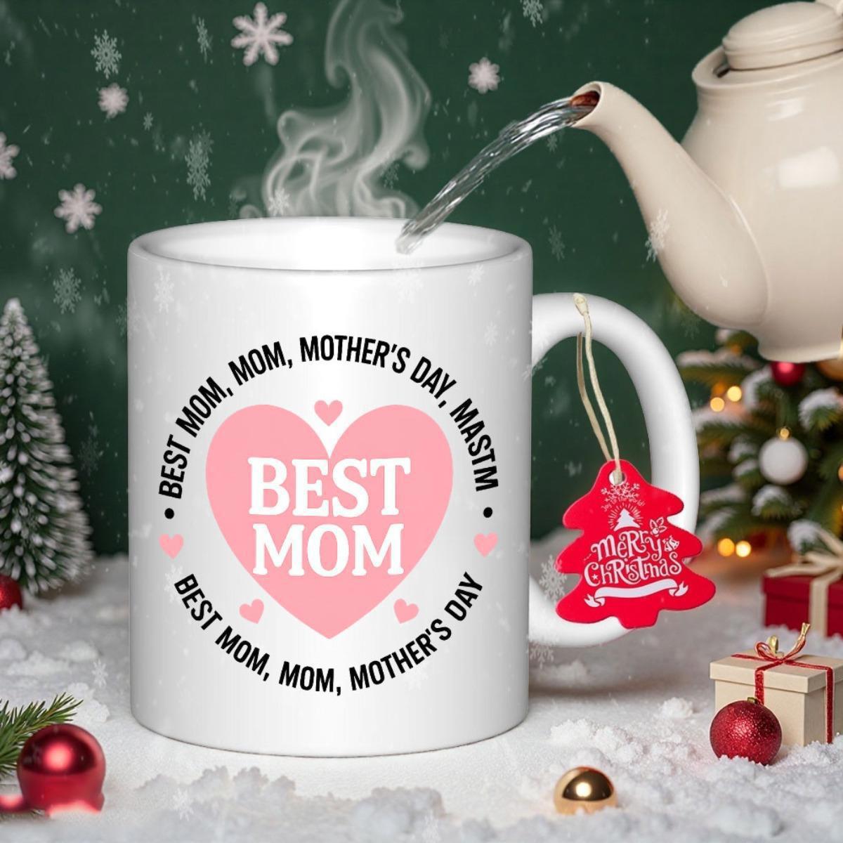 Tailorly White Ceramic 11 oz Mug - Best Mom Mother Day Soft Pink Heart Surrounded By Minimalist Circular Decorative Text Heart
