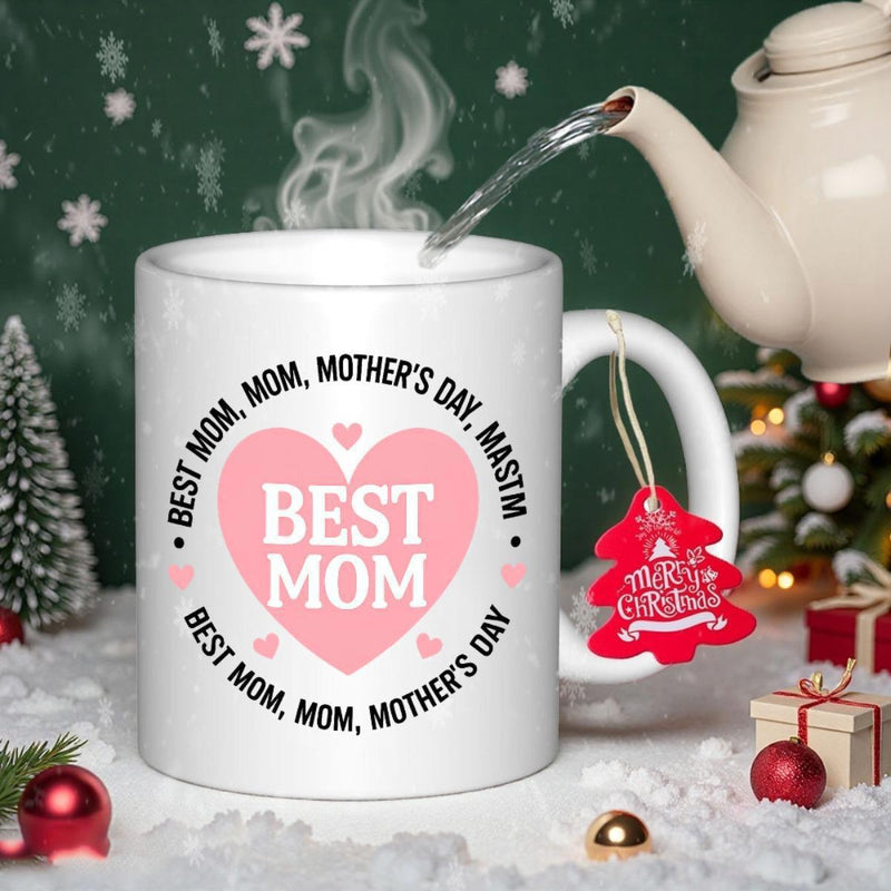 Tailorly White Ceramic 11 oz Mug - Best Mom Mother Day Soft Pink Heart Surrounded By Minimalist Circular Decorative Text Heart