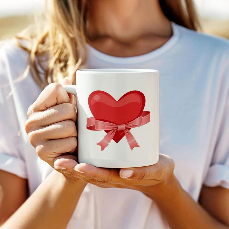 Tailorly White Ceramic 11 oz Mug - Shiny Red Graphic Wrapped With A Delicate Pink Satin Ribbon Heart