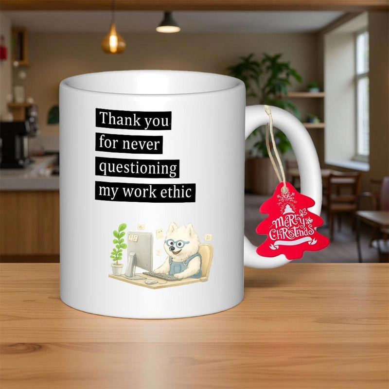 Tailorly White Ceramic 11 oz Mug - Thank You For Never Questioning My Work Ethic Cute Cartoon Polar Bear Wearing Glasses Sitting At Desk Using Laptop Office Bear