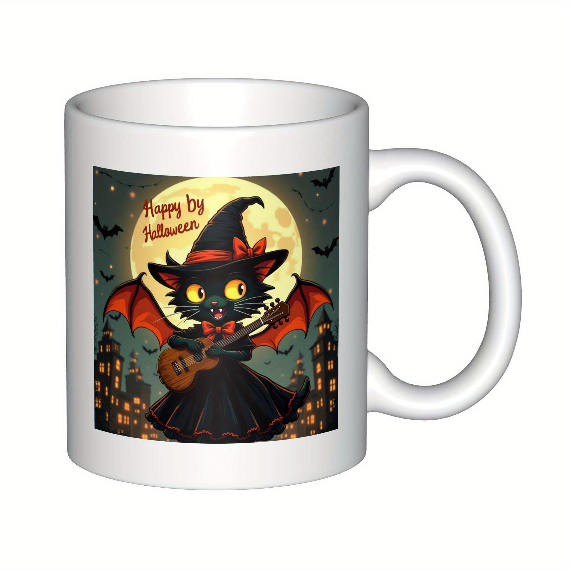 Tailorly White Ceramic 11 oz Mug - Happy Halloween Adorable Black Cat Wearing Witch Hat Playing Guitar Under Full Moon Cat