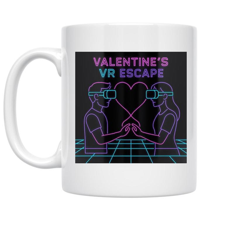 Tailorly White Ceramic 11 oz Mug - Valentines VR Escape Neon Glowing Retro Grid Background With Futuristic Virtual Reality Couple