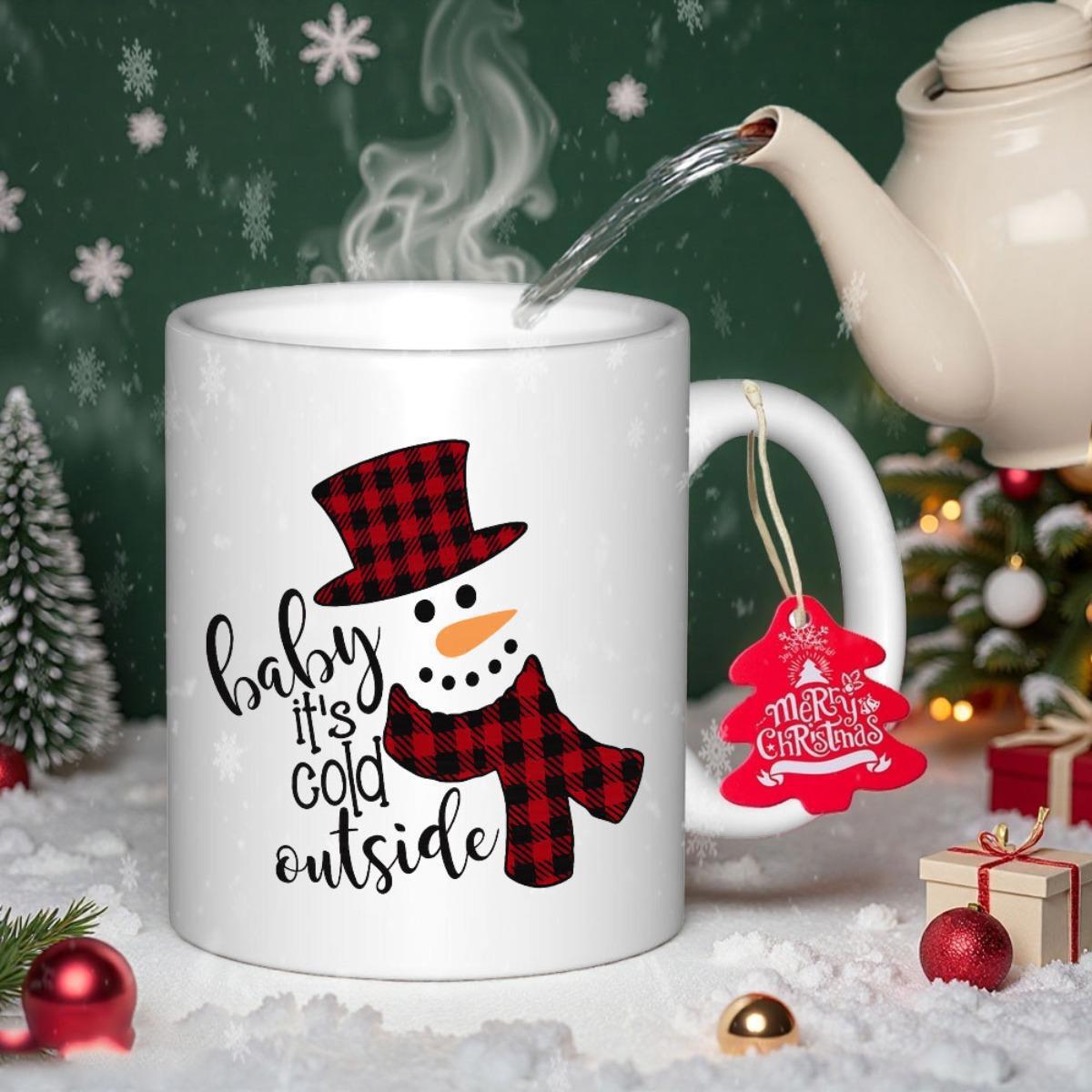 Tailorly White Ceramic 11 oz Mug - Baby It's Cold Outside Festive Holiday Character Wearing Red Buffalo Plaid Hat And Scarf Snowman