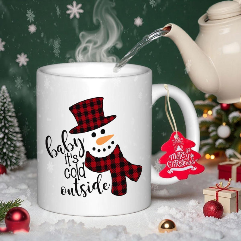 Tailorly White Ceramic 11 oz Mug - Baby It's Cold Outside Festive Holiday Character Wearing Red Buffalo Plaid Hat And Scarf Snowman