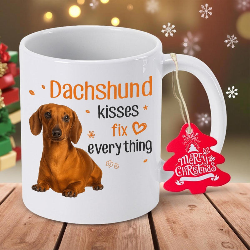 Tailorly White Ceramic 11 oz Mug - Dachshund Kisses Fix Everything Loyal Brown Sausage Dog Sitting Patiently With Small Heart Icon Dachshund