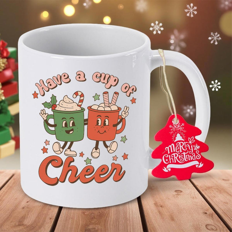 Tailorly White Ceramic 11 oz Mug - Have A Cup Of Cheer Vintage Style Cocoa Cups With Candy Canes And Smiling Faces Mugs