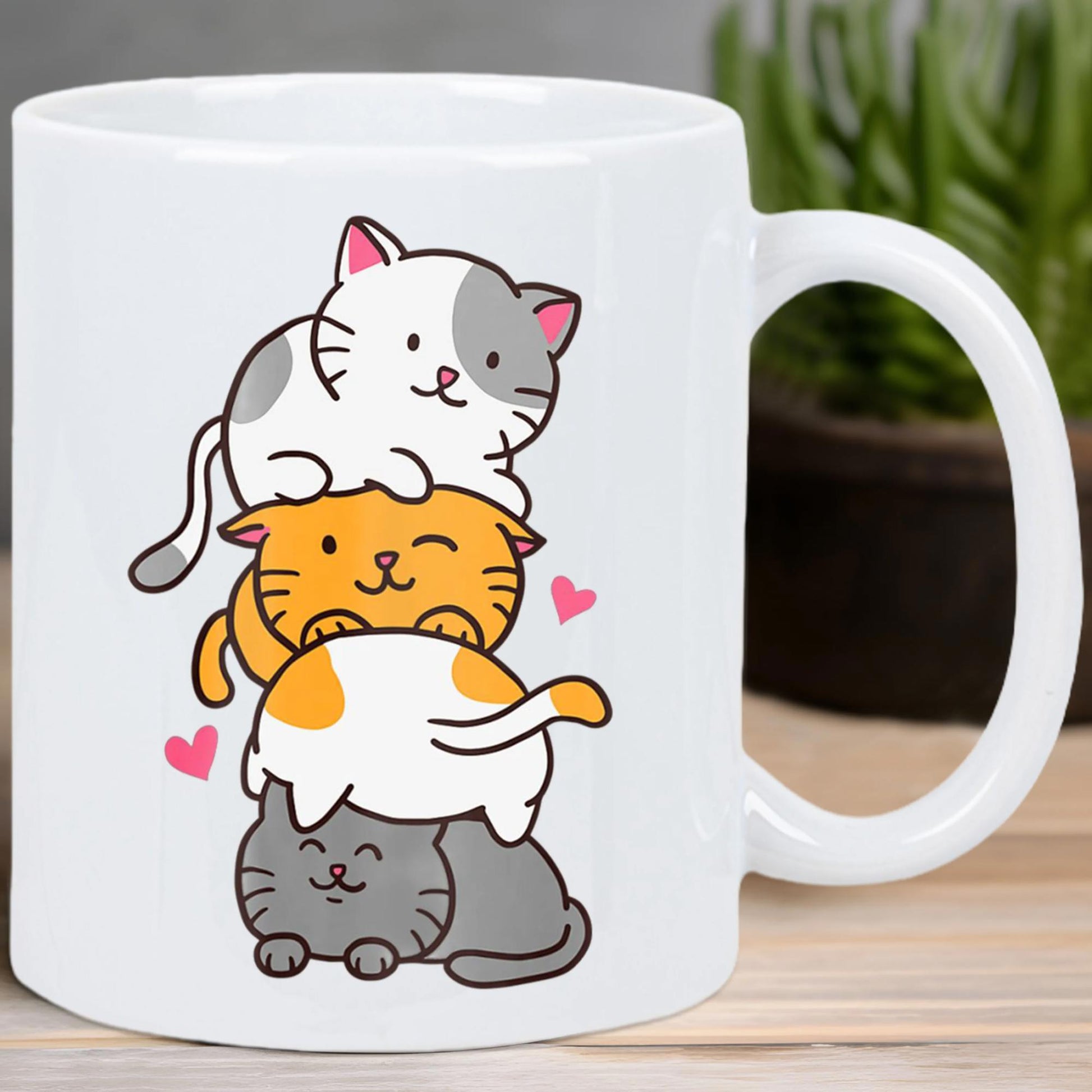 Tailorly White Ceramic 11 oz Mug - Adorable Stacked Cartoon Kittens With Tiny Pink Hearts Floating Around Cats