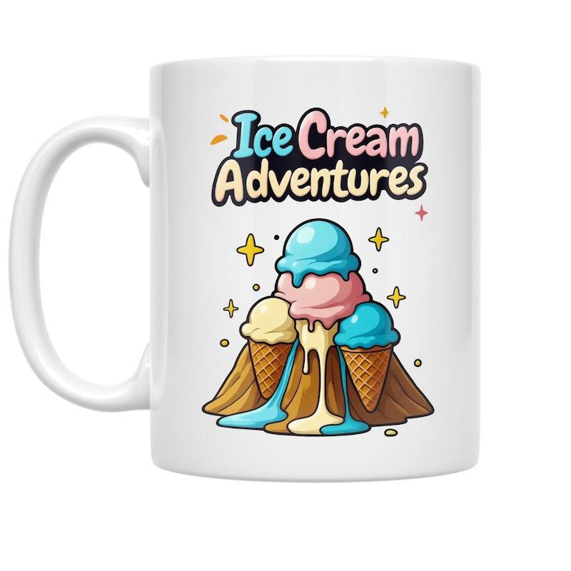 Tailorly White Ceramic 11 oz Mug - Ice Cream Adventures Colorful Melting Scoops On Waffle Cones Surrounded By Sparkling Magic Ice Cream
