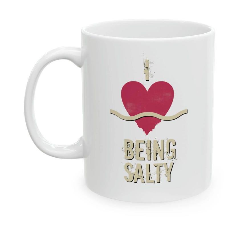 Tailorly White Ceramic 11 oz Mug - I Being Salty Artistic Red Design Featuring Coastal Style And Wavy Tan Line Heart