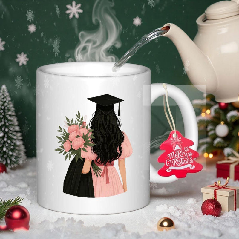 Tailorly White Ceramic 11 oz Mug - Elegant Graduate Holding Pink Roses Wearing Traditional Mortarboard And Pink Dress Graduate
