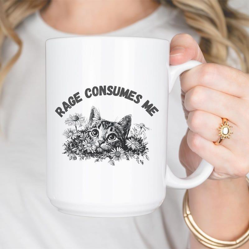 Tailorly White Ceramic 11 oz Mug - Rage Consumes Me Sketch Style Tabby Kitten Peeking Through Delicate Wildflowers In Monochrome Ink Cat