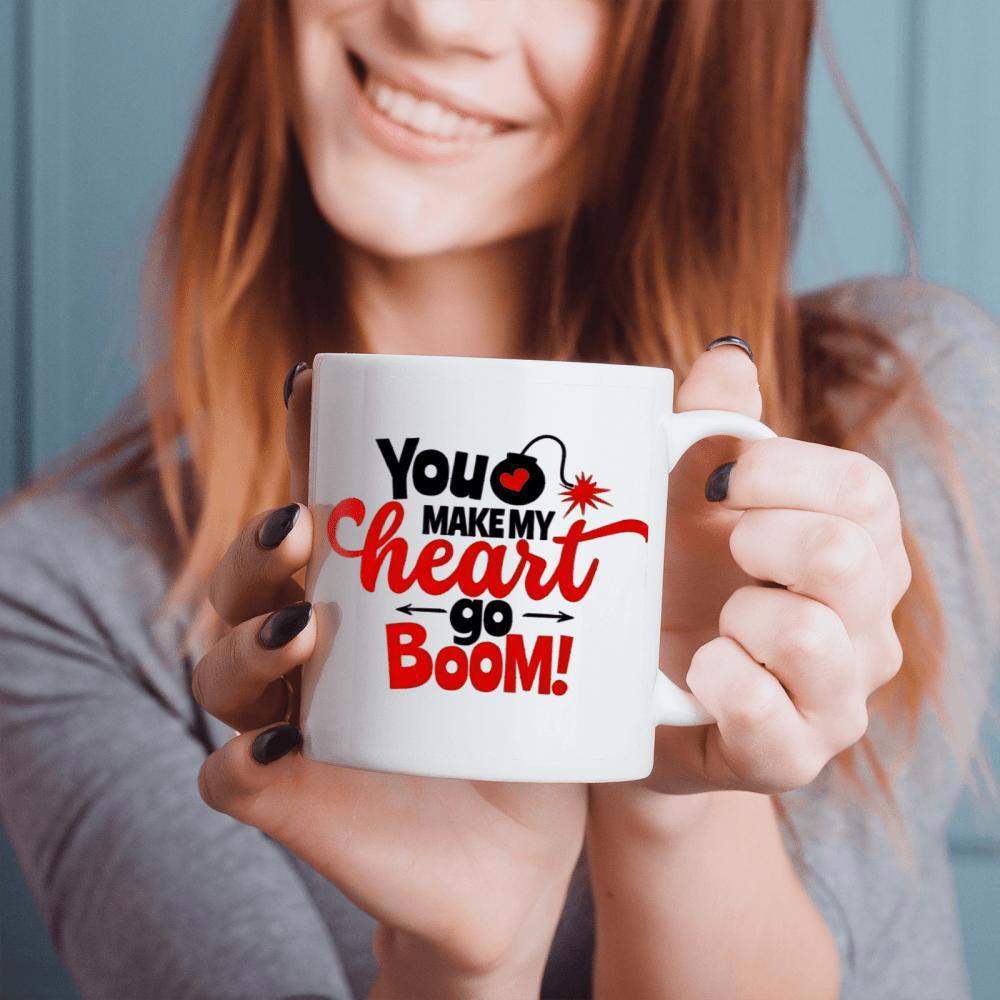 Tailorly White Ceramic 11 oz Mug - You Make My Heart Go Boom Stylized Cartoon Bomb Featuring Vibrant Red Heart And Sparking Fuse Bomb