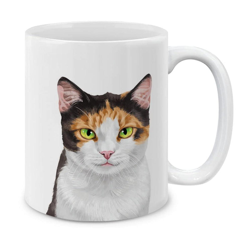 Tailorly White Ceramic 11 oz Mug - Realistic Portrait Of A Calico Cat With Bright Green Eyes Looking Forward Cat