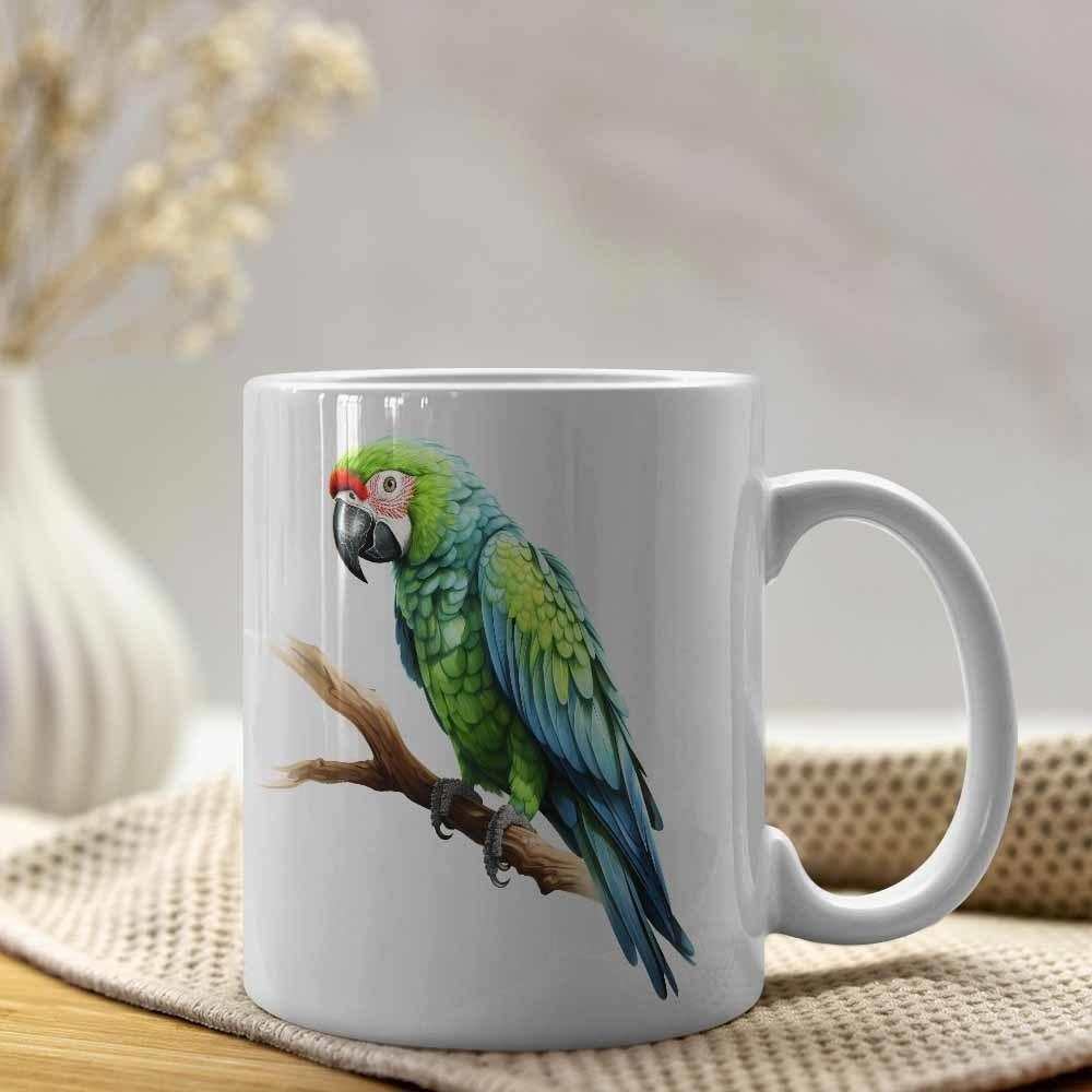 Tailorly White Ceramic 11 oz Mug - Beautiful Vibrant Green Tropical Bird Resting On A Natural Tree Branch Parrot
