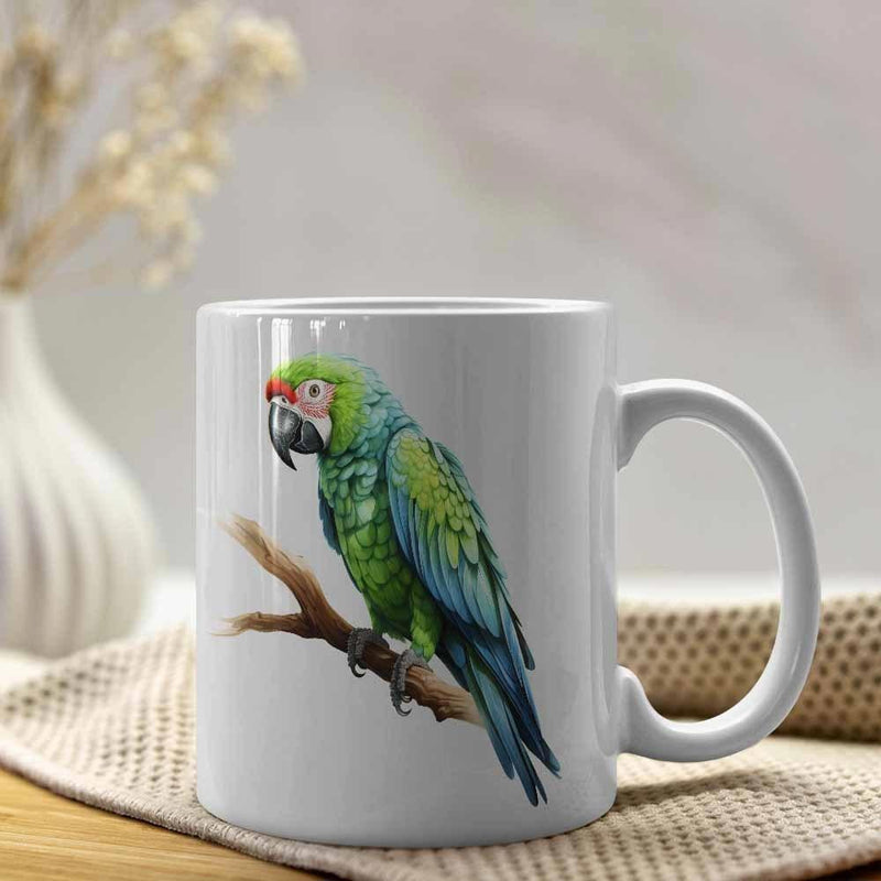 Tailorly White Ceramic 11 oz Mug - Beautiful Vibrant Green Tropical Bird Resting On A Natural Tree Branch Parrot