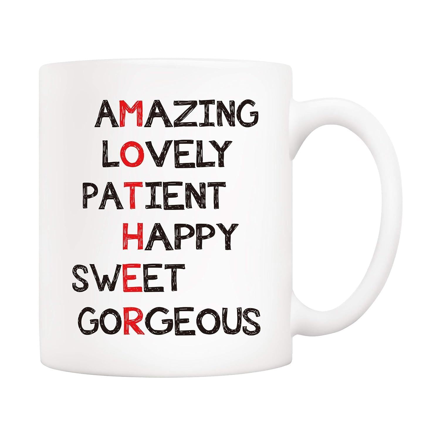 Tailorly White Ceramic 11 oz Mug - Amazing Lovely Patient Happy Sweet Gorgeous Minimalist Typographic Layout With Red Letters Spelling Out Kind Words Mother