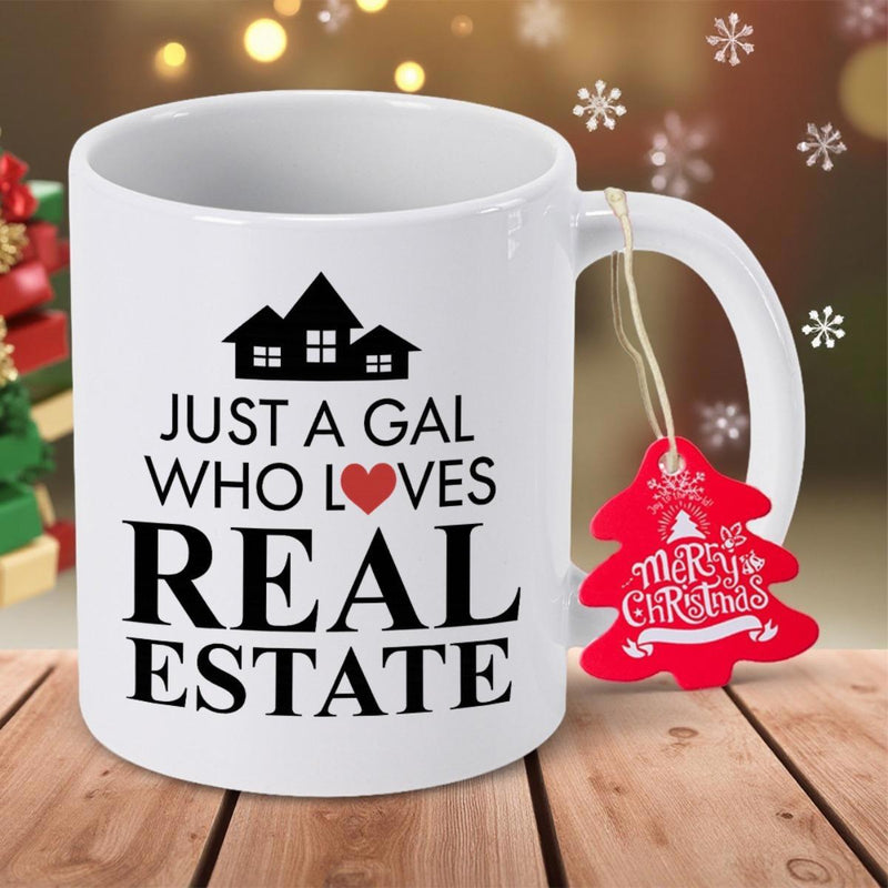 Tailorly White Ceramic 11 oz Mug - Just A Gal Who Loves Real Estate Minimalist Black House Silhouettes Featuring Small Red Heart Home