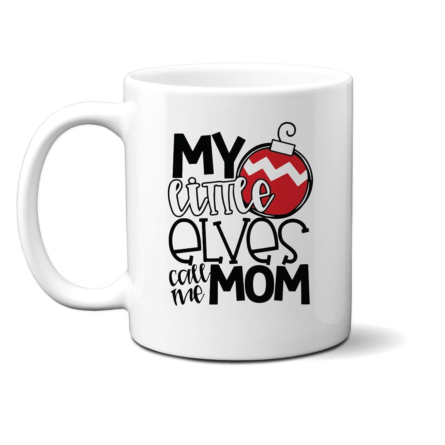 Tailorly White Ceramic 11 oz Mug - My Little Elves Call Me Mom Festive Red Holiday Decorative Accessory With Chevron Pattern Bauble