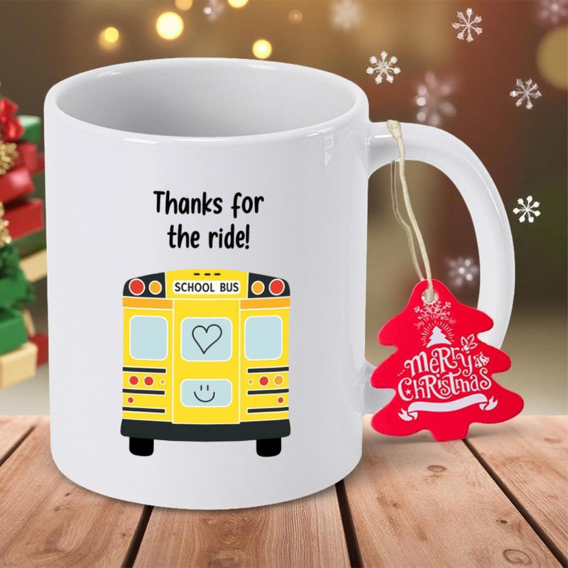 Tailorly White Ceramic 11 oz Mug - Thanks For The Ride Vibrant Yellow Vehicle With Heart And Smiley Face Details School Bus