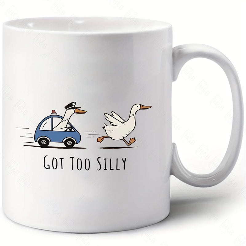 Tailorly White Ceramic 11 oz Mug - Got Too Silly Funny Cartoon Goose Driving Blue Police Car Chasing A Running Goose