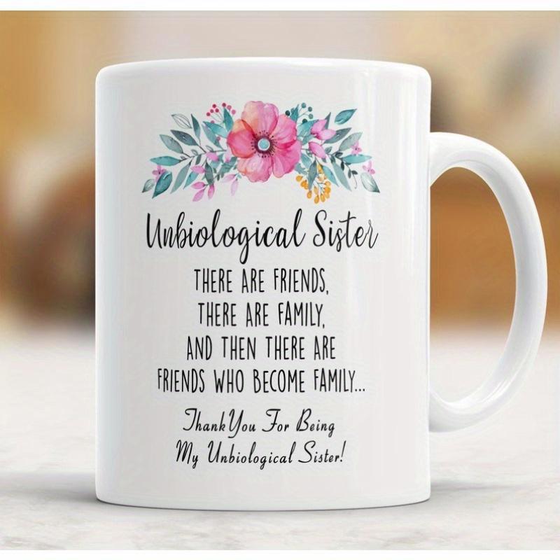 Tailorly White Ceramic 11 oz Mug - Unbiological Sister Delicate Watercolor Blooming Floral Arrangement With Soft Green Leaves And Pink Petals Flower